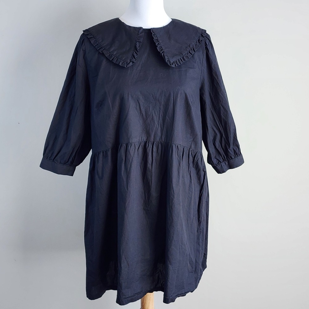 H&M Peter Pan Collar Dress Womens Medium Black Ruffle Babydoll Whimsigoth Witchy
